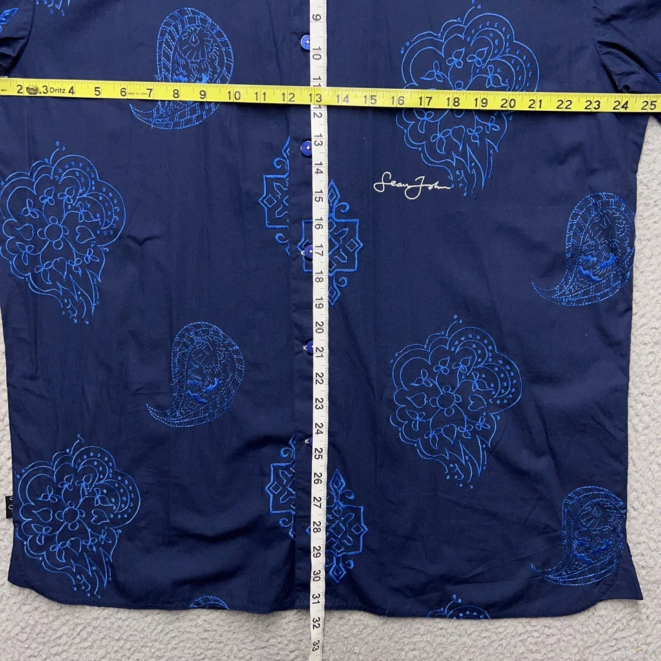 Sean John Shirt Mens M Blue Paisley Button Up Embroidered Casual Streetwear Foto 4 de 4