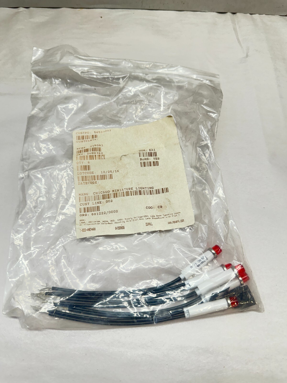 Lot of 5 - New RED Indicator Light, Model: 2150A1 125VAC NSNP 7.9mm Body