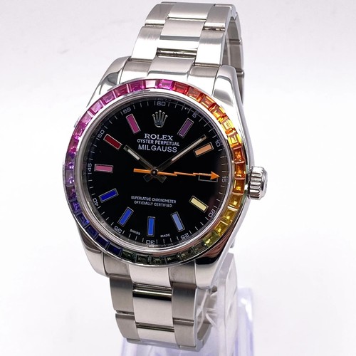 Reloj automático Rolex Milgauss 40 mm acero personalizado bisel arco iris esfera negra 116400 - Imagen 2 de 8