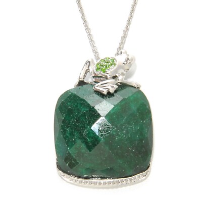 Sterling SilverDyed Green Sapphire & Chrome Diopside Frog Pendant, 18''