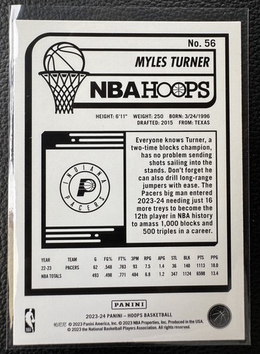 2023-24 Panini NBA Hoops - Purple #56 Myles Turner - Picture 2 of 2