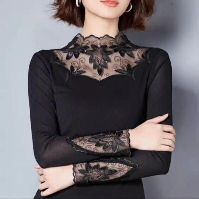 Lady Mesh Lace Shirt Hollow Blouse Turtleneck Tops Splicing Bottoming Slim Basic