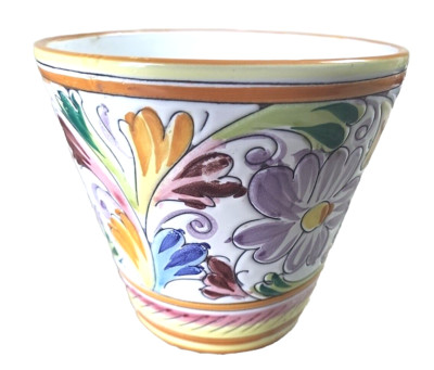 Italienischer Übertopf Topf handbemalt Vintage Blumen Keramik 15 cm hoch sehr guter Zustand