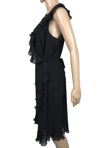 Vestido LIZ JORDON con Volantes Asimétrico Negro Envolvente Hasta la Rodilla Sin Mangas Talla M - Imagen 4 de 11