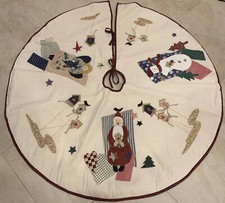 Christmas Tree Skirt 45" Round Handmade Patchwork Santa And Snowman Americana