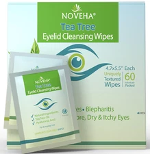 NOVEHA 60Pcs Tea Tree Oil Eyelid & Lash Wipes | with Hyaluronic Acid, Green Tea