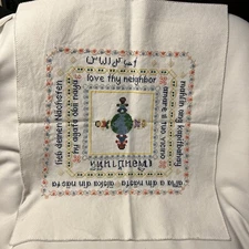 Completed Counted Cross Stitch Sampler Love Thy Neighbor World Multi Languages
