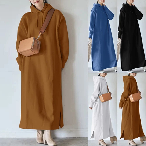 Damen Langarm Fleece Kapuze Locker Maxi Pullover Hoodies Sweatshirt Kleid - Bild 3 von 25