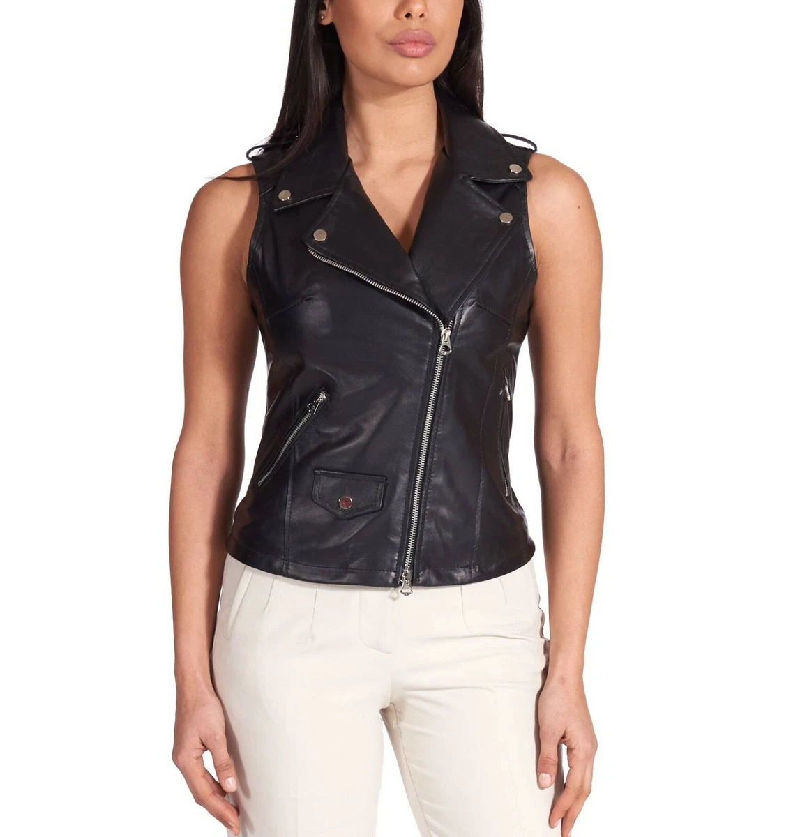 Leather biker waistcoat womens sale