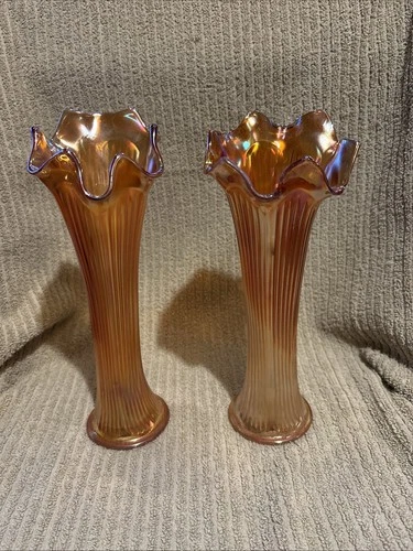 Antique Fenton marigold Carnival Glass Swung Vases With Rib Pattern