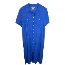 Gemini II 18 Blue Shirt Dress Button Front Linen Blend Midi Coastal Lagenlook