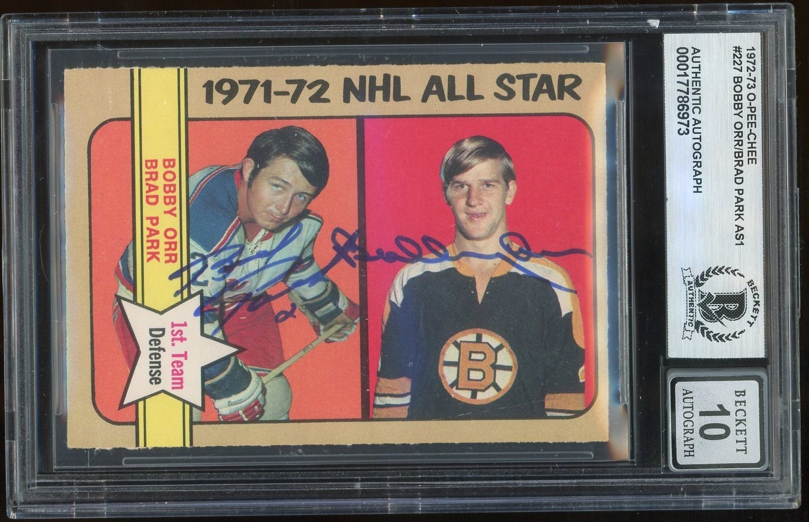 Bobby Orr Autographed Signed Boston Bruins & Brad Park 1972-73 O-Pee-Chee Card #227 OPC BAS Slab 10 Auto 