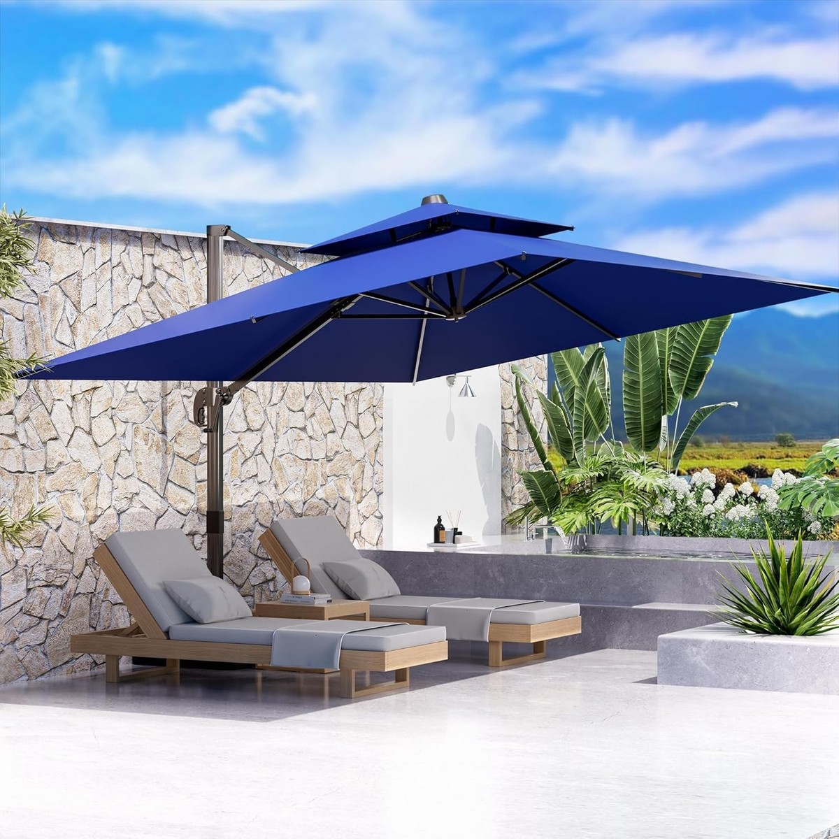 10ft outdoor patio sun shade umbrella hanging offset 10 Feet Patio Solar Powered Cantilever Umbrella with Tilting System-Coffee