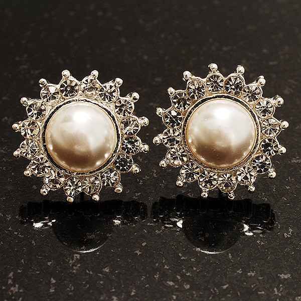 Snow-White Crystal Faux Pearl Stud Earrings (Silver Tone) -2cm Diameter