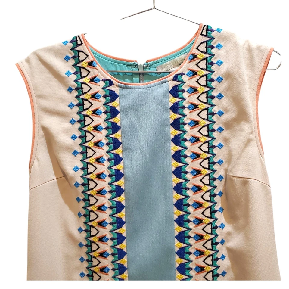 Champagne Strawberry Turquoise Coral Embroidered Boho Shift Dress Sz L 70s Style - Image 2 of 4
