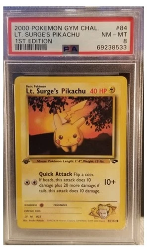 2000 Pokemon Lt. Surge's Pikachu 1st Edition Gym Challenge PSA 8