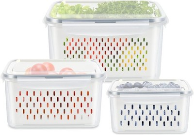 3 Pack Fruit Storage Containers for Fridge, Produce Saver Vegetable Container wi
