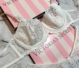 Victoria&rsquo;s Secret Eyelet Lace Unlined Bra Brazilian Panty Set White