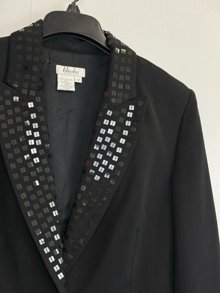 Blushe впечатления Blazer женщин 12 черный блестки лацкан куртка карманы одна кнопка - Изображение 2 из 4