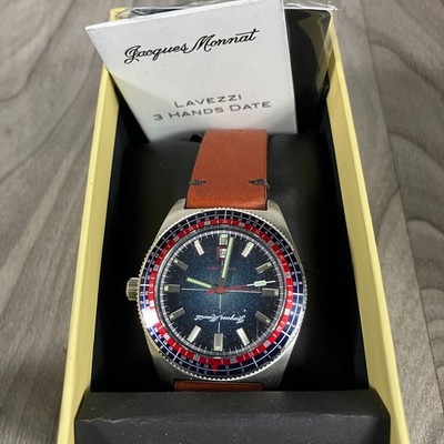 Jacques Monnat Lavezzi Red Bezel Blue / Brown JQ-3000-02 Leather Quartz Watch