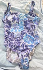 Vintage Blue Floral One Piece Swimsuit Size 13/14 Underwire Bra Raised Hip