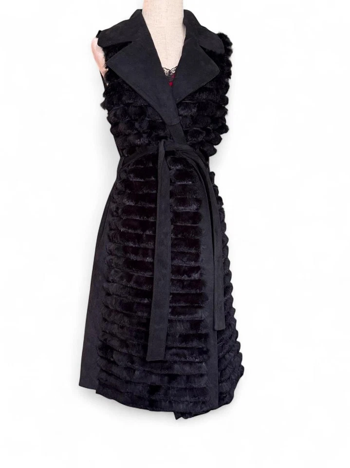 Colete de pele de coelho preto espanador casaco mob glam chique retrô hip hop vintage vibrações Md - Imagem 2 de 4