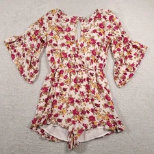 American Eagle Romper Womens Medium Pink Floral Bell Sleeve Keyhole Boho Style