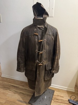 Barbour A871 Wax Duffle Coat Mens Large Brown Made in England Hooded + Pin+wax