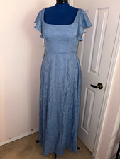 Azazie Blue Floral Jacquard Square Neck Flutter Sleeve Long Dress 4 Slit