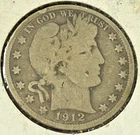 1912 50c Barber Silver Half Dollar Fifty Cents US Philadelphia 90% Silver