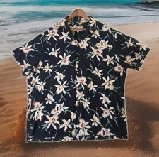 VTG Paradise Found Hawaiian Shirt Men's XL Black Floral Button Up Rayon