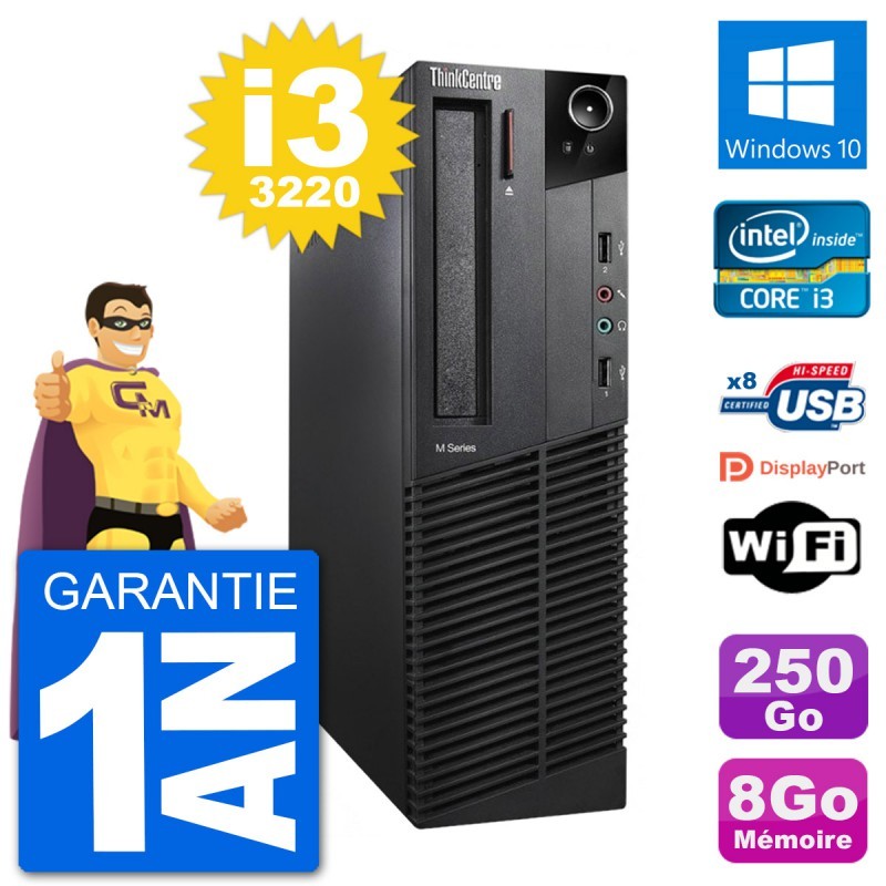 PC Lenovo M92p SFF Intel i3-3220 RAM 8Go Disque Dur 250Go Windows 10 Wifi