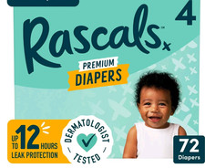 Rascals Premium Diapers, Size 4, 72 unisex diapers