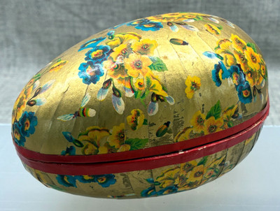 Vintage Paper Mache 5.25'' Easter Egg Candy Container Floral Gold Foil W. Germany