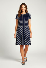 Calvin Klein Women’s L Blue/White Striped A-Line Round Neck Knee Dress Spandex