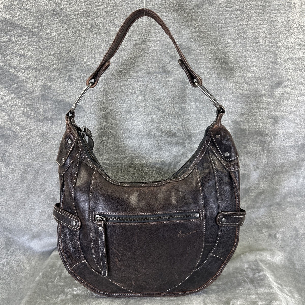 VTG Nike Hobo Shoulder Bag Purse Brown Distressed Leather Y2K Rare