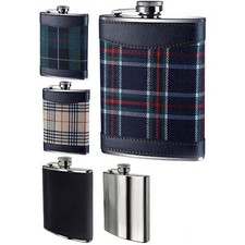 Amazing New Hip Flask 8oz Tartan Designs Brush Stainless Steel & Leather Effect