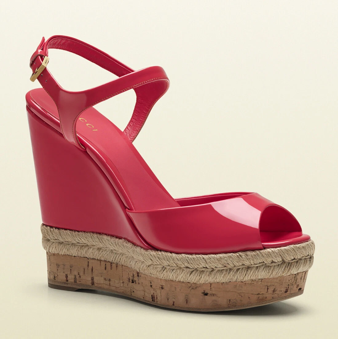 CHAUSSURES GUCCI HOLLIE PLATEFORME EN CUIR VERNI COMPENSÉE ESPADRILLE SANDALE ROSE 38,5 8,5