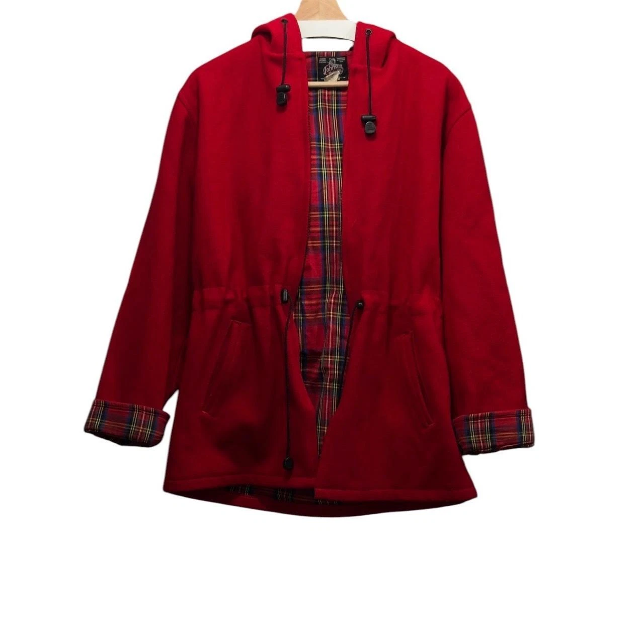 Johnson Woolen Mills Women’s Red Hooded Plaid Lined Parka Jacket Size