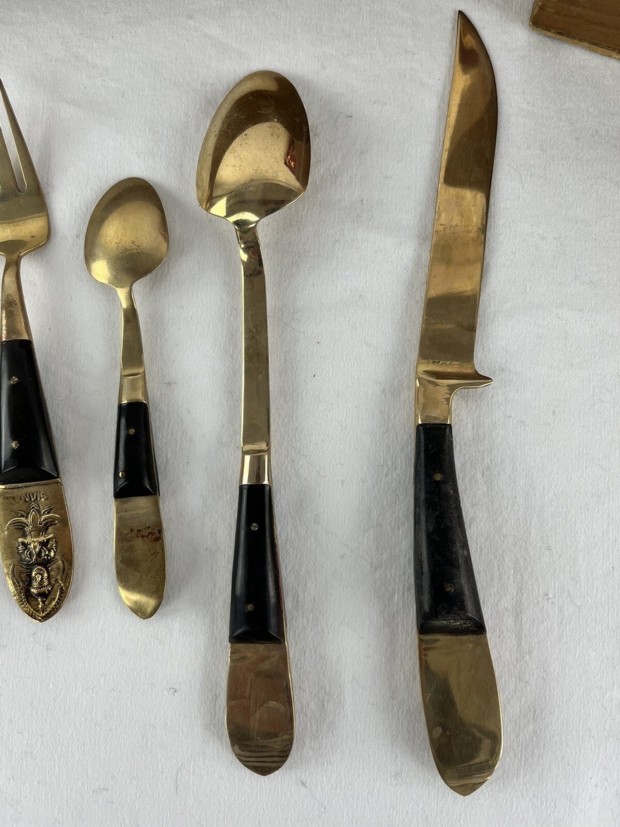 カトラリー(スプーン等) Thai Brass flatware Siam Vintage Silverware Set Brass Thailand Serving Set