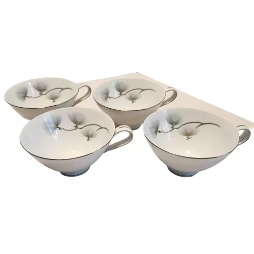 Mikasa Narumi Ma-Tsu 5132 Lot of 4 Coffee Tea Cups Silver Trim Pine Cones 6 oz