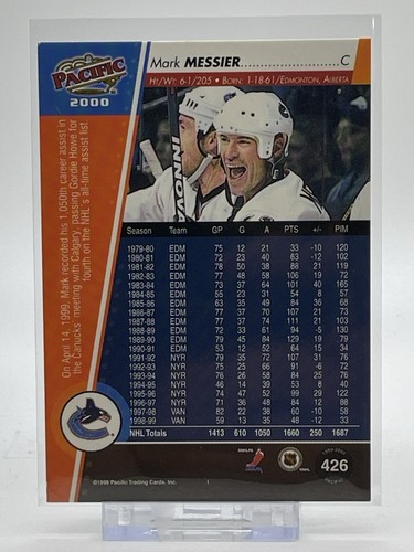 1999 Pacific 2000 Silver Foil Hockey Card #426 Mark Messier Vancouver Canucks - Bild 2 von 2