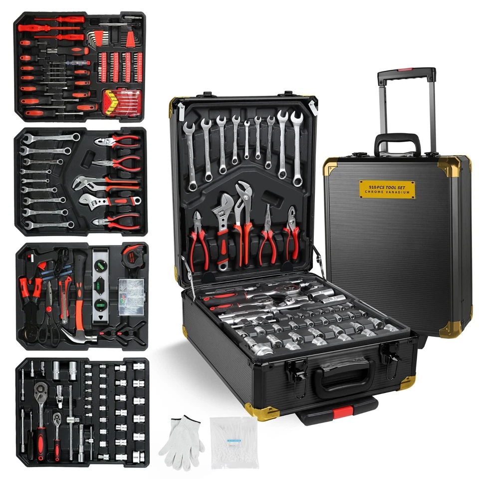 Juego de Herramientas Kit de Herramientas Mecánicas 909 Piezas Llaves Enchufe con Estuche Carro Caja Plateado Foto 2 de 4