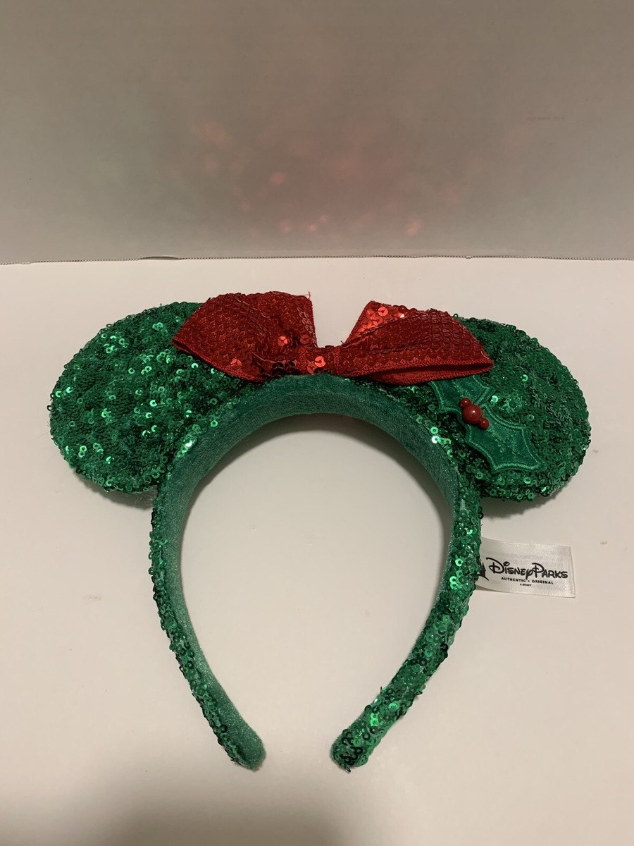 Disney Parks Green Sequin Mickey Minnie Mouse Ears Christmas  display picture 1