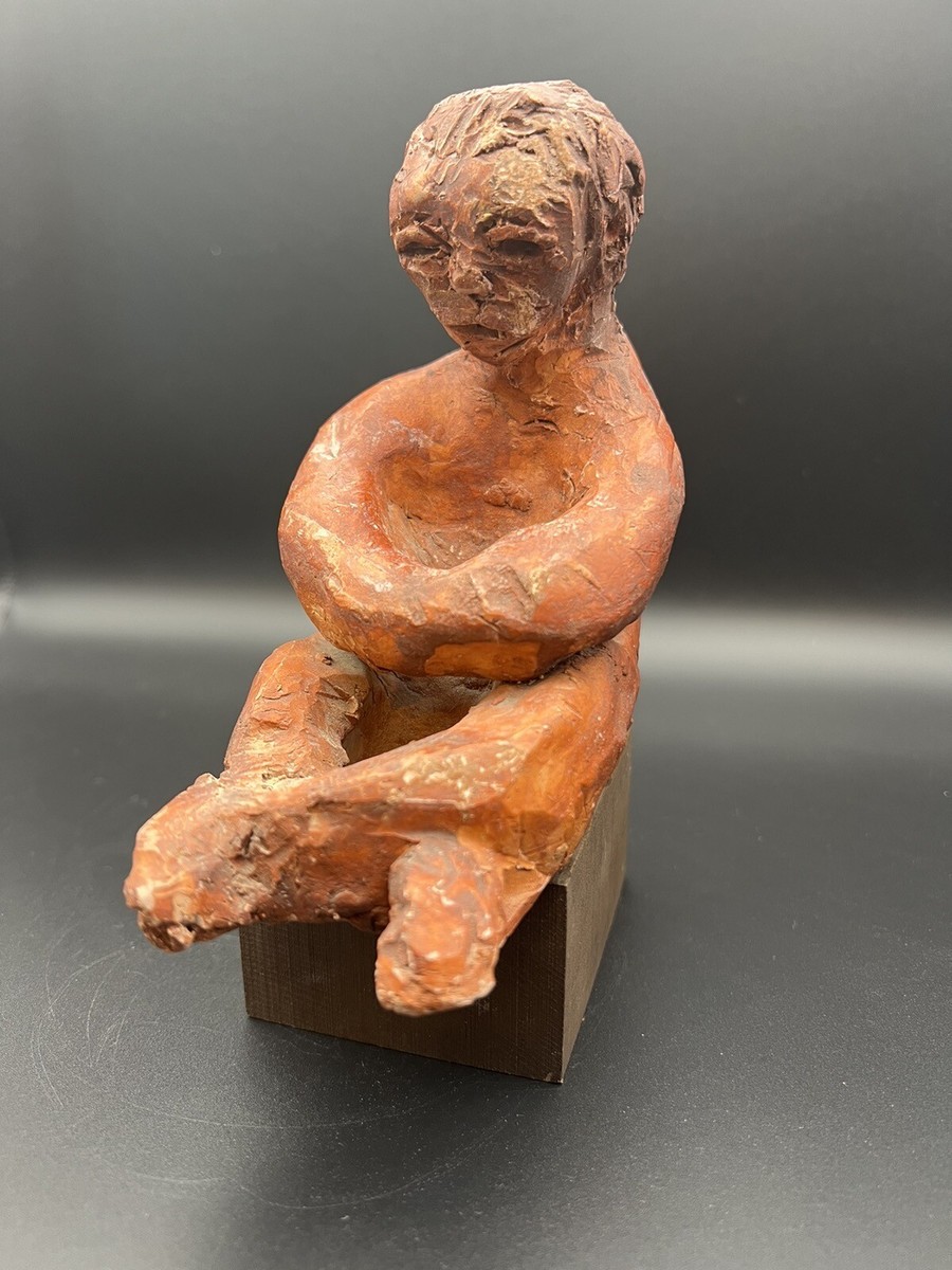 Vintage Red Clay Man on Wood Pedestal Handmade Small Art Sculpture