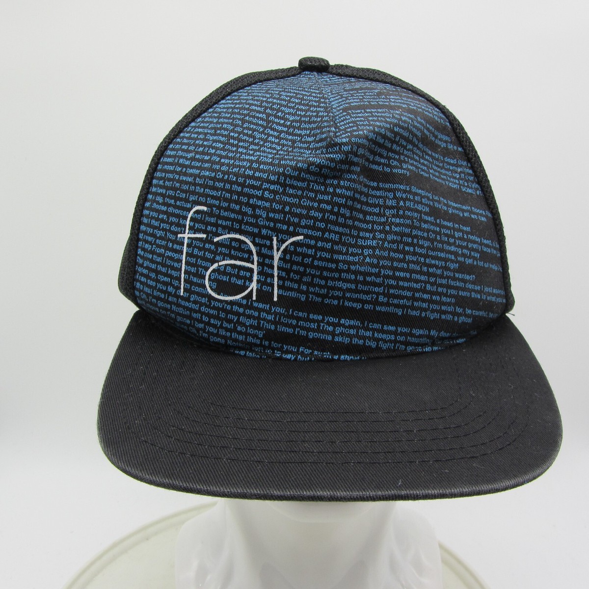 Far Hat Cap Black White Blue Spell Out Lyrics Poem Mesh Strap Back