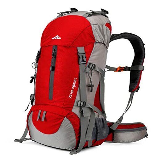 50L Red Waterproof Hiking Backpack with Rain Cover for Camping