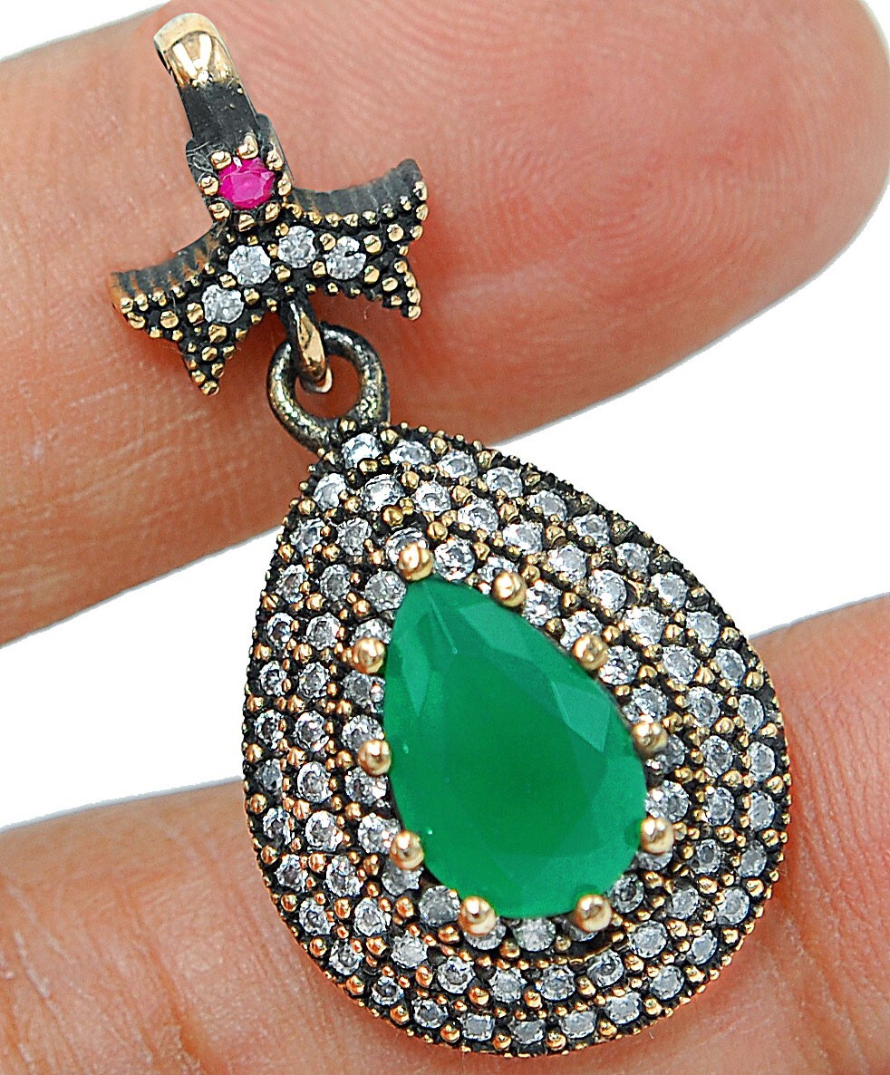 Ottoman Empire Inspired 8CT Treated Emerald 925 Sterling Silver Pendant S2423