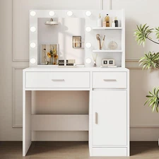 Vanity Desk with Mirror and Lights, Makeup Vanity with Drawer & Storage Shelves,