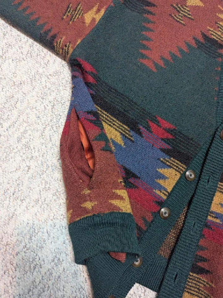 vintage 1990s thick wool INDIAN PRINT native american XL sweater CARDIGAN rrl - Image 4 of 4